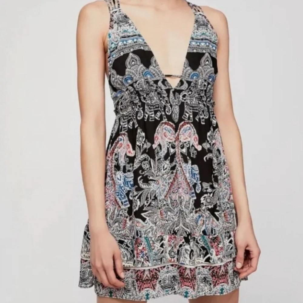 Free People Black and Blue Patterned Mini Dress